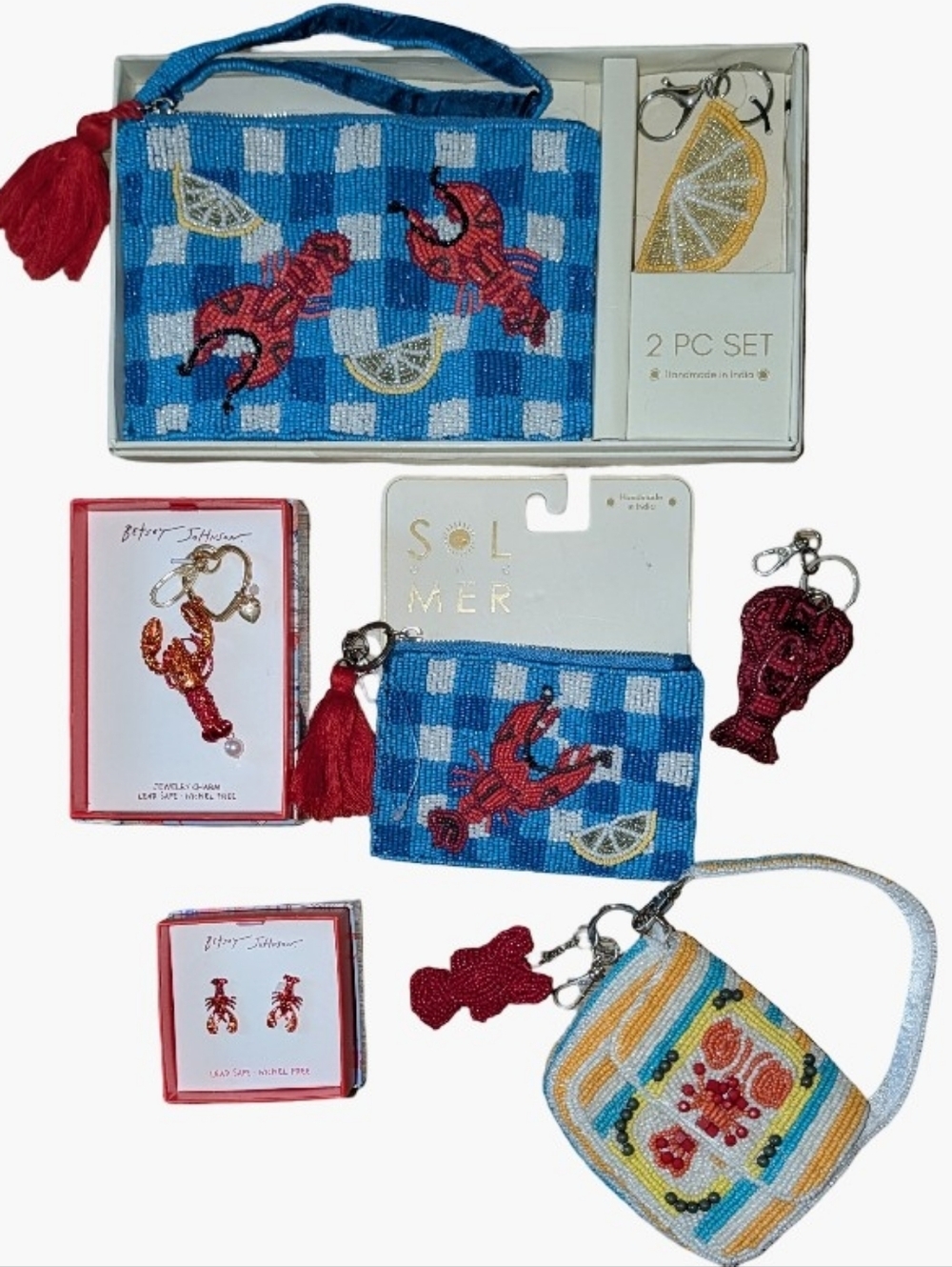 Betsey Johnson & Sol and Mer Lobster Accessories, Beaded Bags & Charms 8pcs
